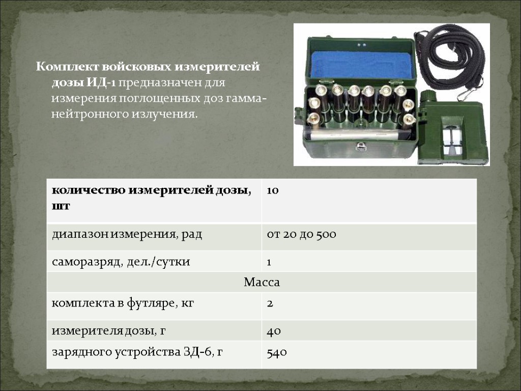 Комплект войсковых измерителей дозы ИД-1 предназначен для измерения поглощенных доз гамма-нейтронного излучения.